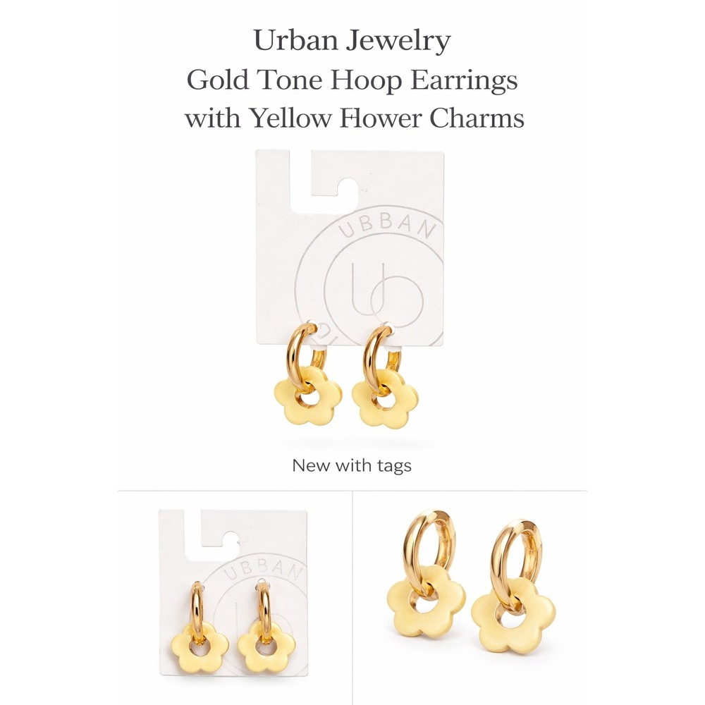 Urban Jewelry Gold Tone Hoop Earrings with Yellow Flower Charms NWT Floral‎ Boho